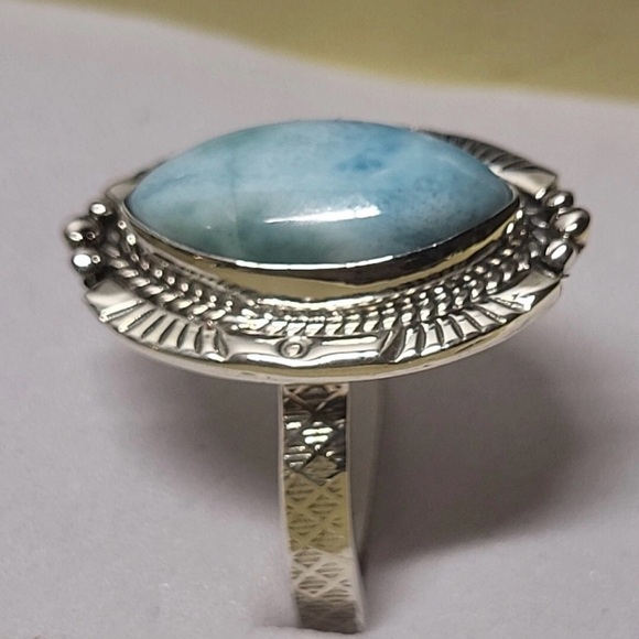 Sterling Silver Native American Larimar Gemstone Ring Sz 8 - Picture 3 of 5
